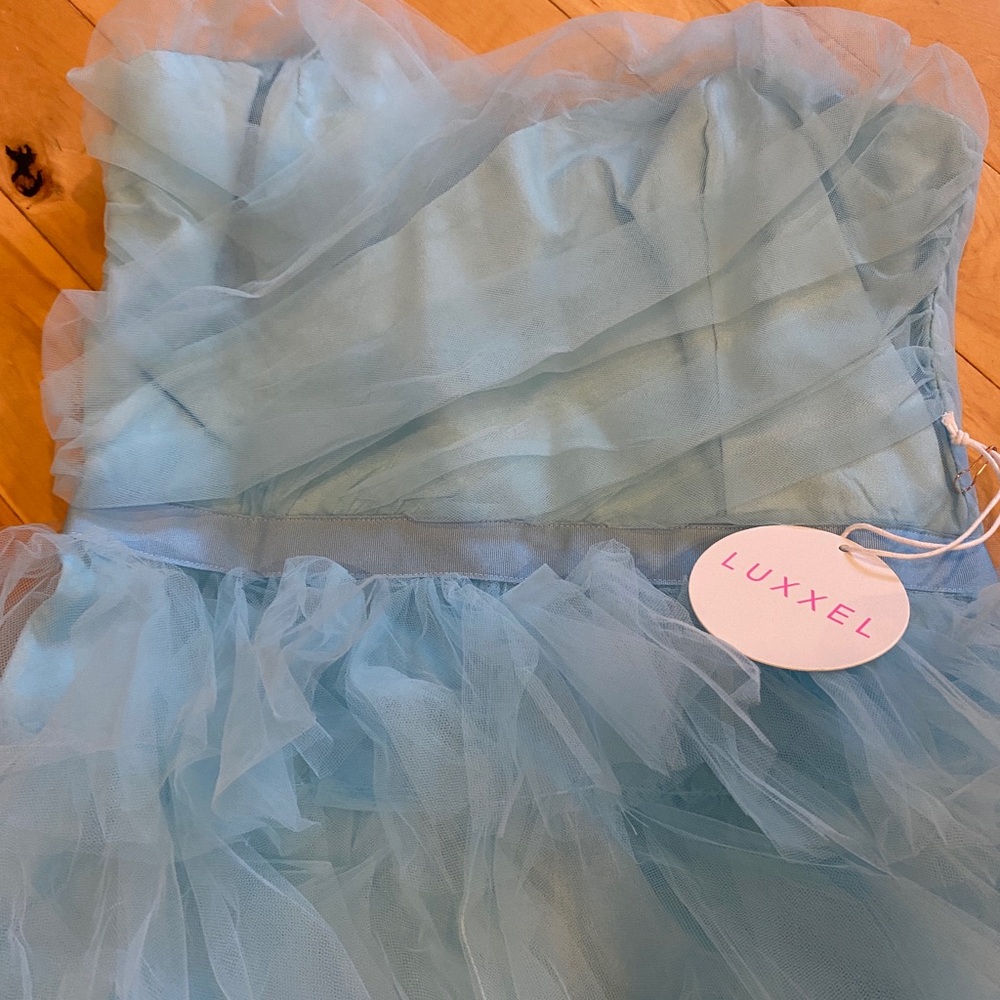 Luxxel Light Blue Strapless Ruffle Dress